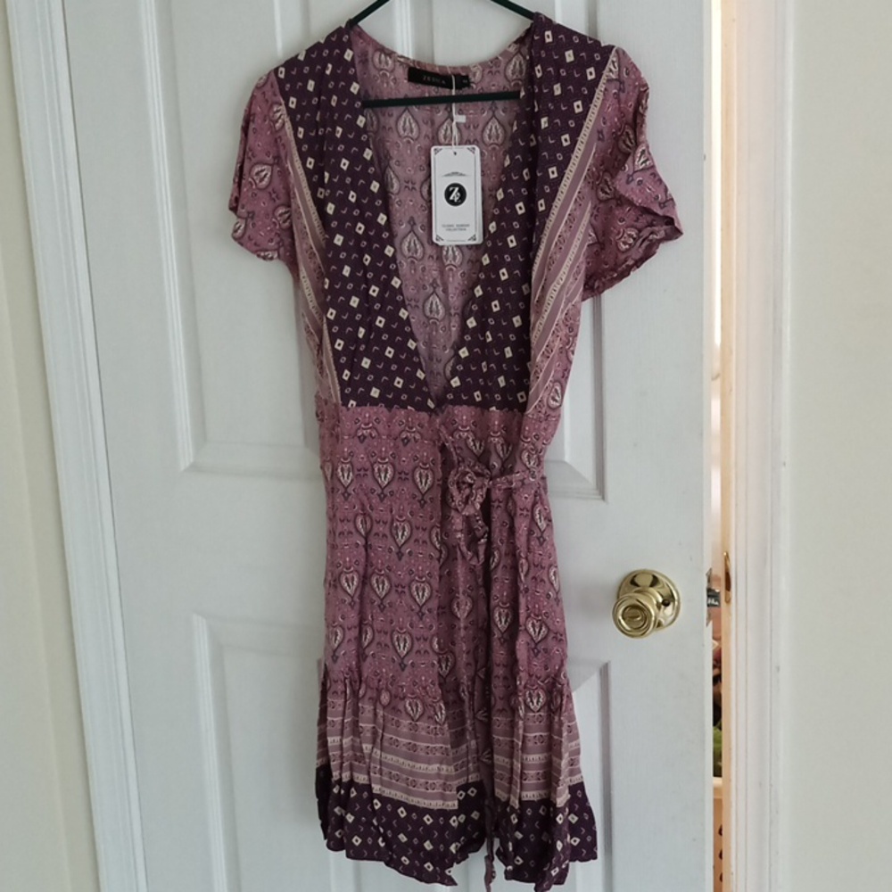 Purple And Pink Patterned Women's Tie Waist Wrap Dress